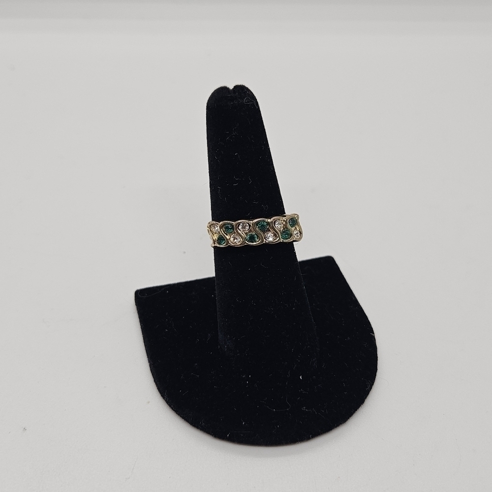 gold tone ring with green and clear rhinestones adjustable size